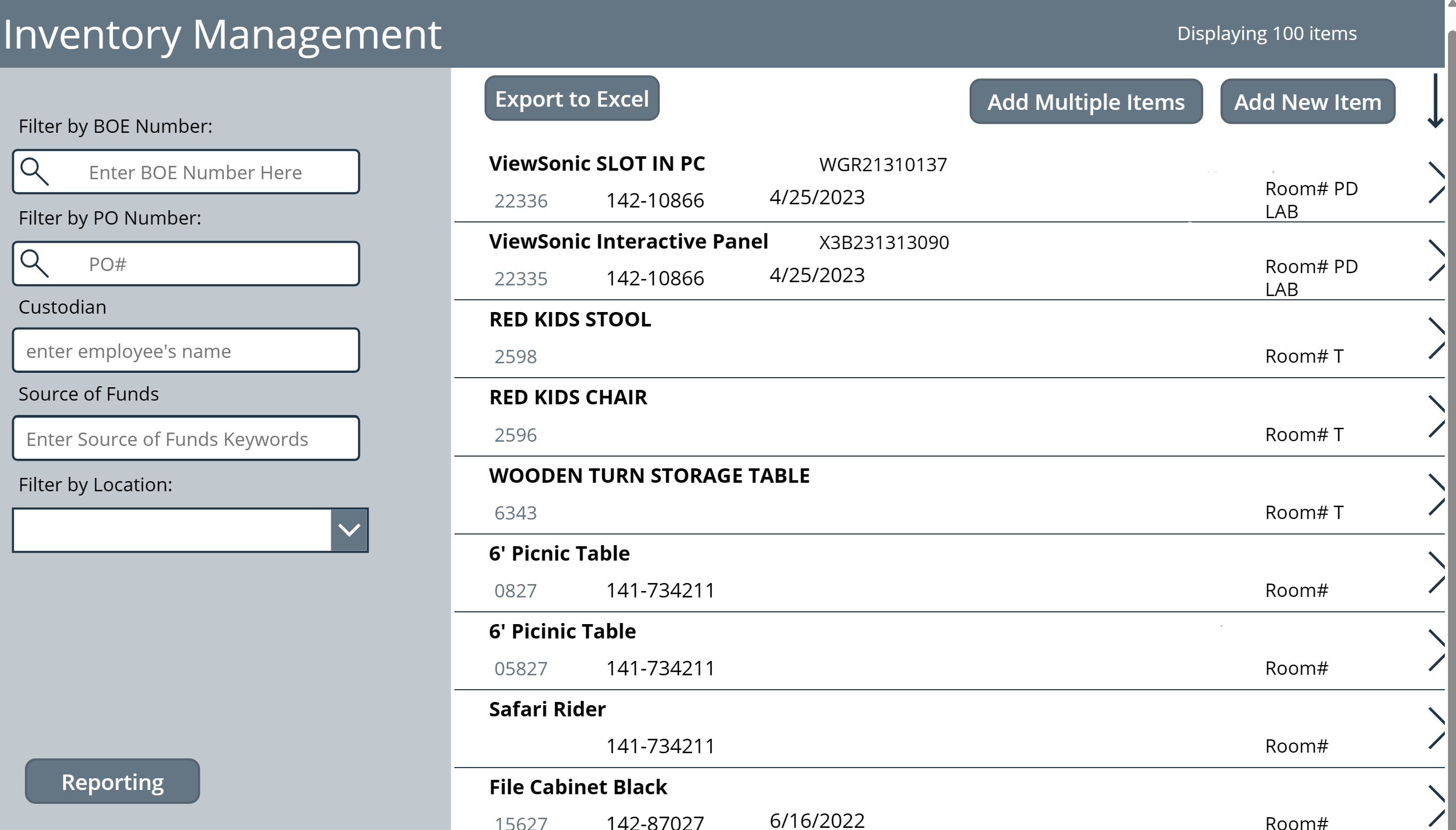Screenshot of inventory management app